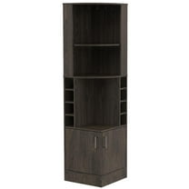 Depot E-Shop Egina Corner Bar Cabinet with 2 Open Shelves, 2 Doors, 8 Wine Cubbies, and Glass Rack, Dark Walnut