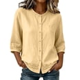 thumbnail image 2 of Ayolanni Button Down Summer Blouses for Women Scoop Neck Solid Cotton Linen 3/4 Sleeve Blouse Textured Oversized Pockets Tees Tops for Women Yellow XL, 2 of 7
