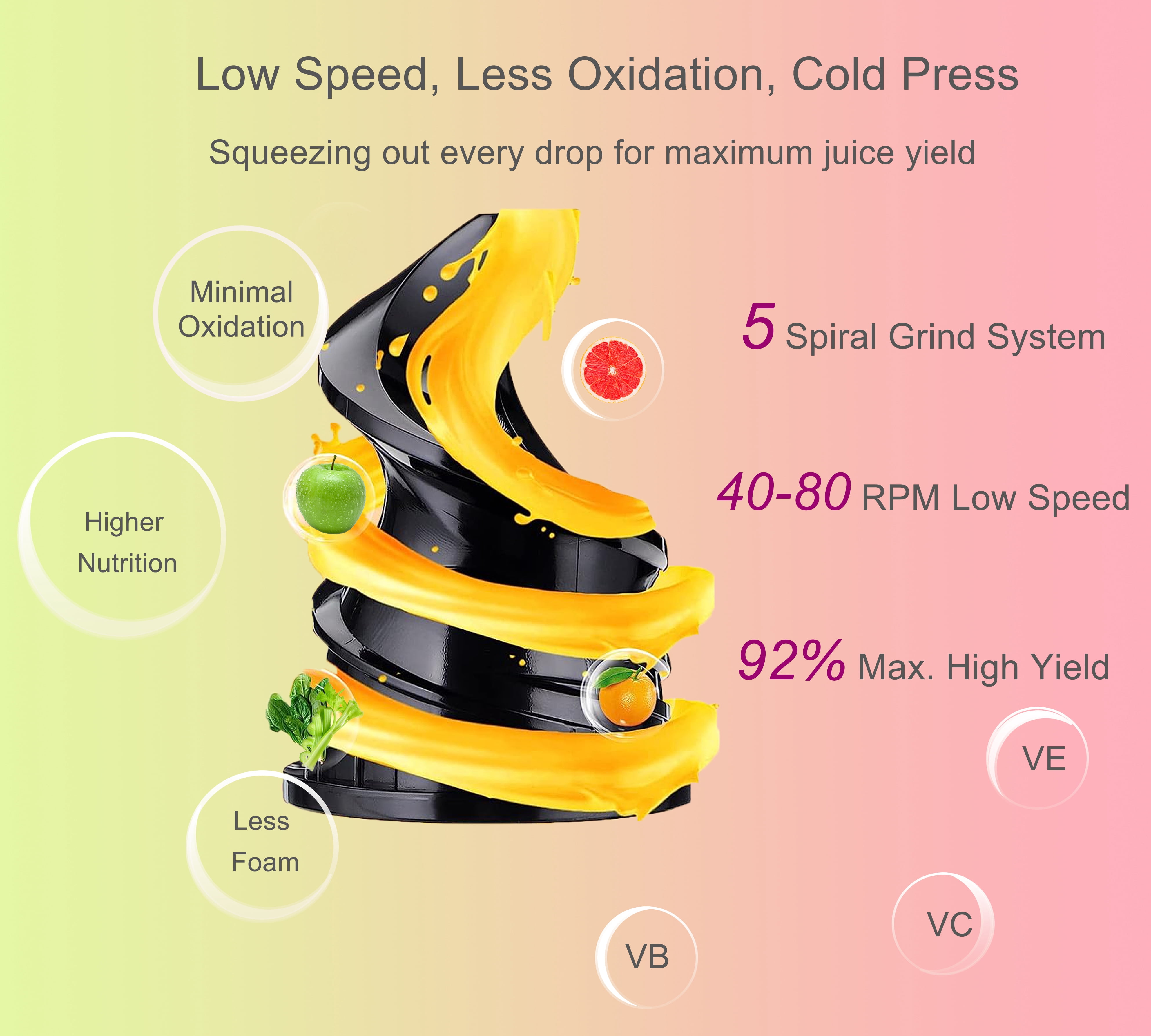 Qvin Compact Slow Masticating Juicer machines 3inch Big Wide Chute, Easy to Clean, BPA Free, Nutritional electrical Cold Press Juicer machine with Brush and 2 Cups