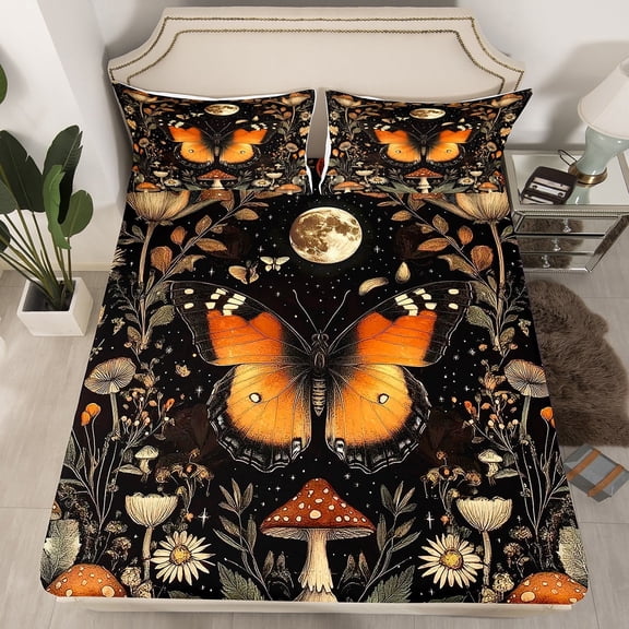 Erosebridal Orange Butterfly Fitted Sheet Set Twin, Mushroom Flower Leaf Bed Set, 2pcs (No Top Sheet)