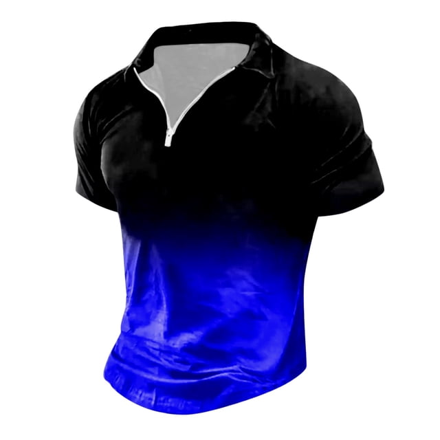 TSADFHJI Mens T-Shirts Pack T-Shirt d'Hiver à Col Rabattu avec Fermeture Éclair pour Hommes, Imprimé Dégradé, Manches Courtes Rétro, TTTG, Bleu