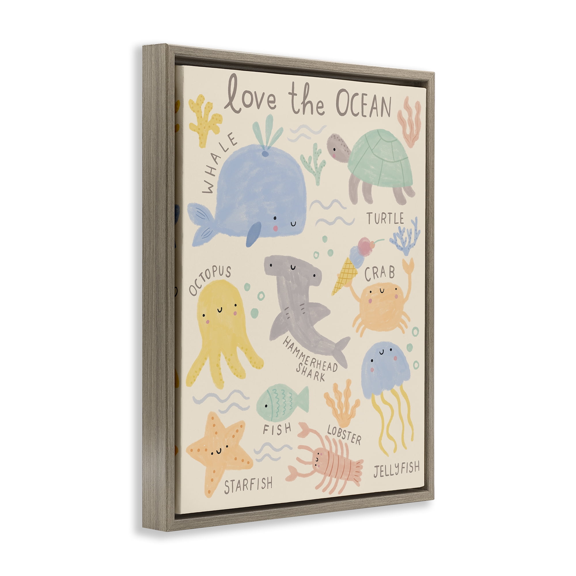 Stupell Industries Love The Ocean Creatures Animals Painting Brown Floater Framed Canvas Art Print Wall Art, 17 x 21