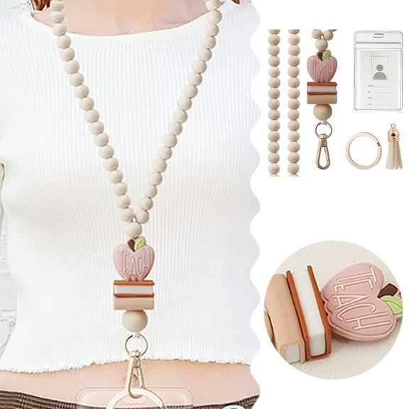 Teacher Lanyard With Id Holder Fashion Wood Beaded Lanyard For Keys Super Cute Boho Breakaway Lanyard For Women Excluding Paper Cards Office&Craft&Stationery Easy To Use