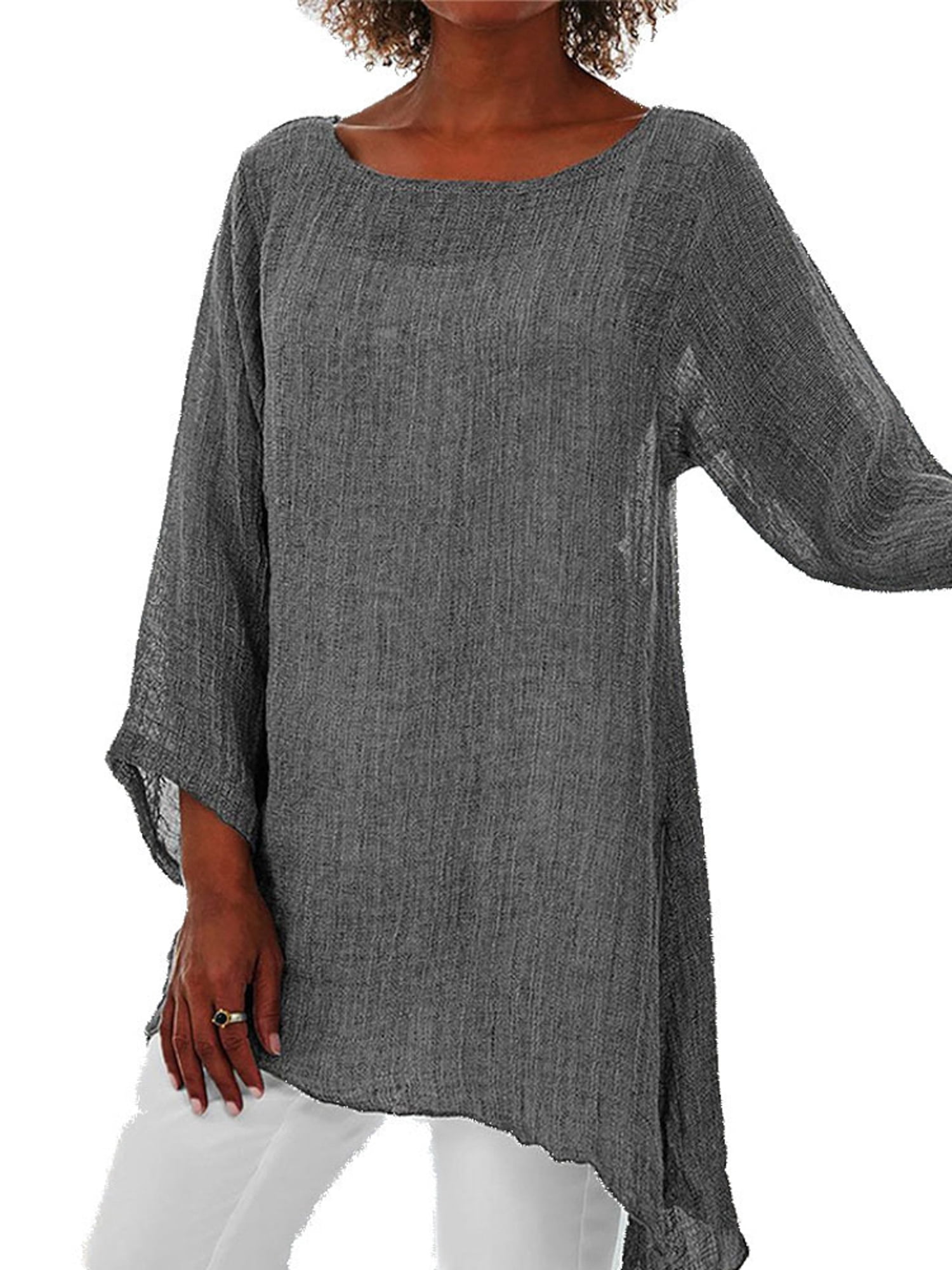 JustVH Womens Plus Size Cotton Linen Solid Color 3/4 Sleeve Irregular Tops Blouses