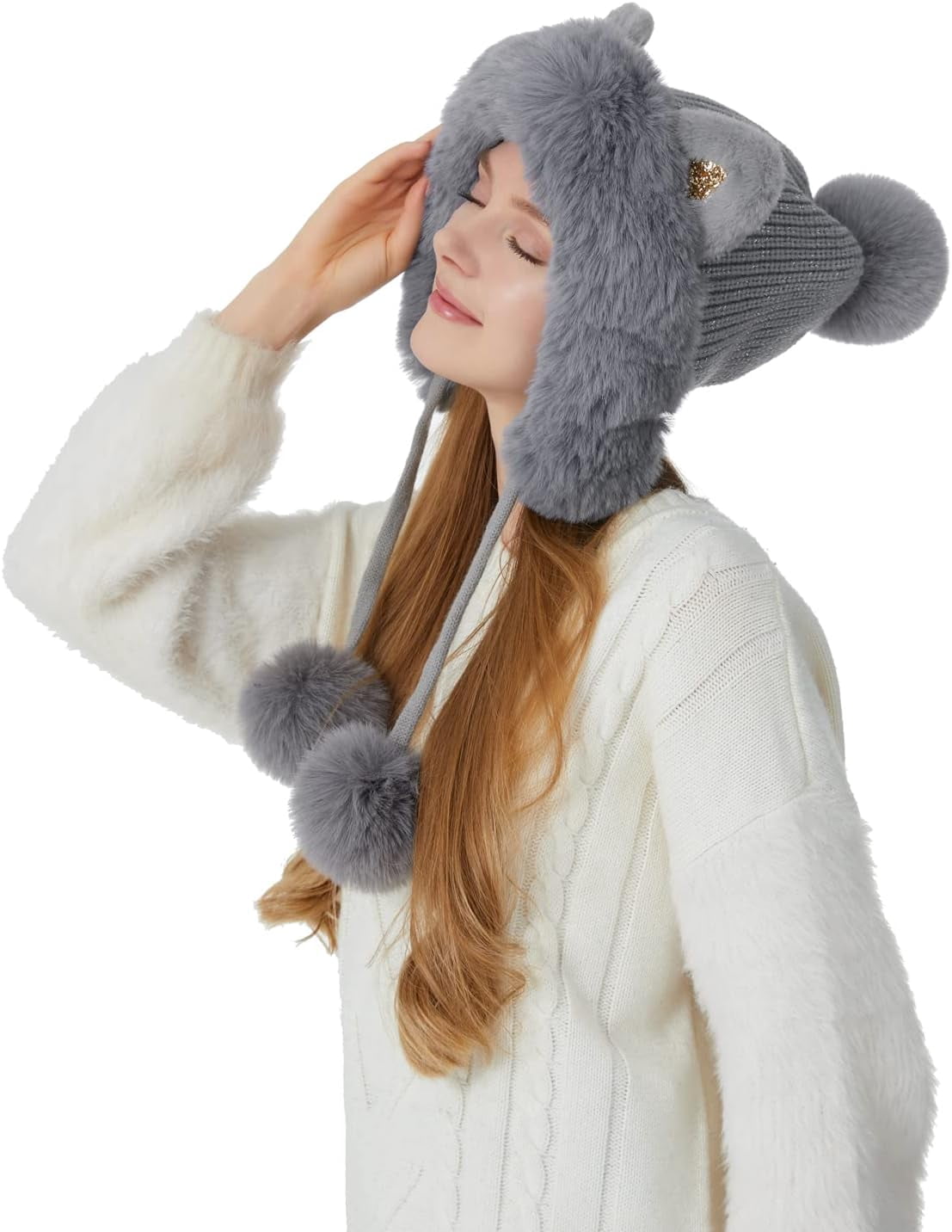 Women Winter Cover Ears Beanie Hat Ear Flaps Ski Snow Hats Knit Fleece Lined 3 Pom Pom