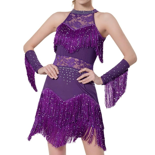 Vestido de baile con borlas Yuyangstore Samba Morado 3XL