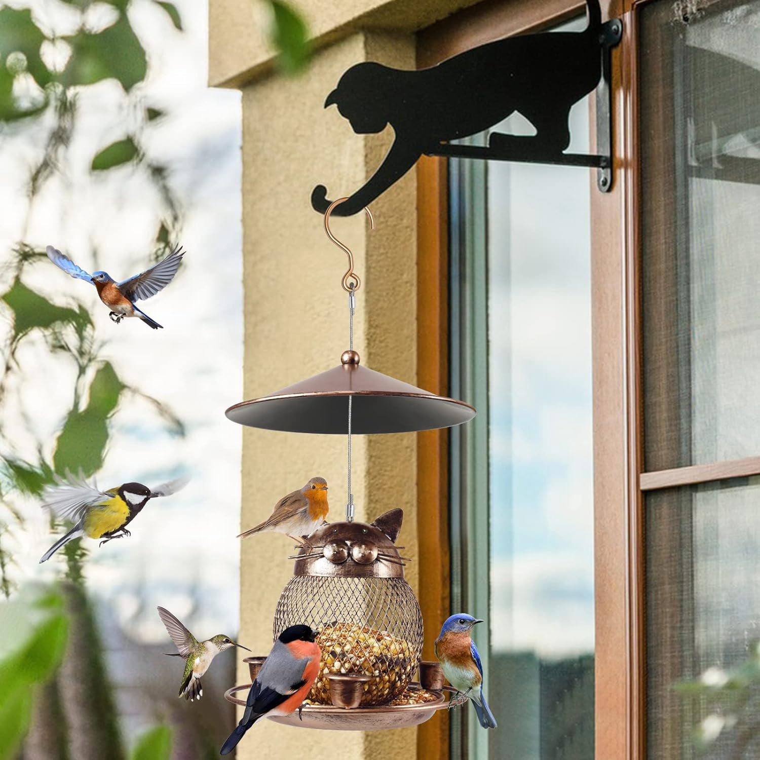 IWNTWY Metal Hanging Bird Feeder, Cat Shaped Wild Birdfeeder for Outside Garden Yard