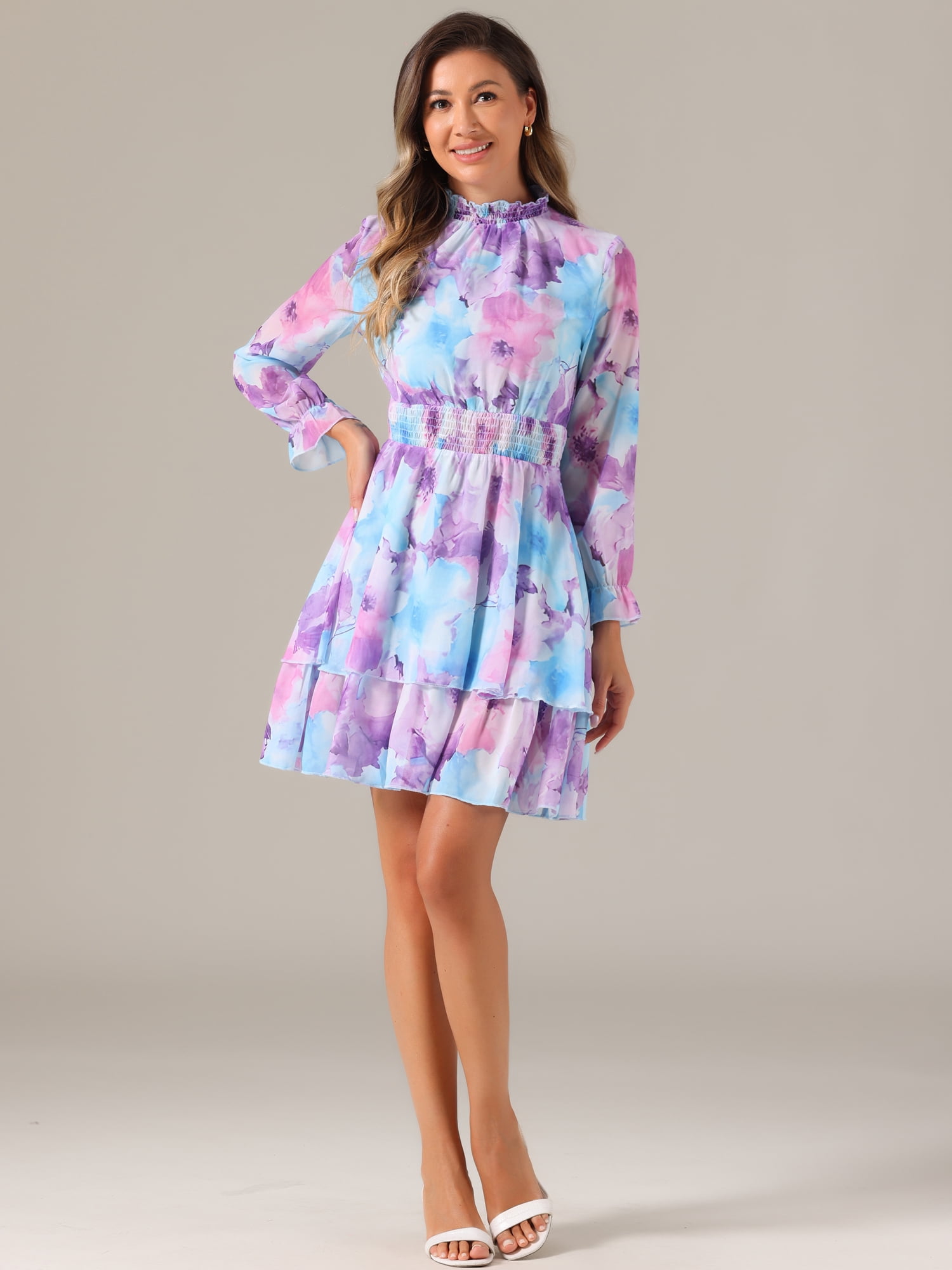 DARING DIVA Floral Ruffle Trim Layered Dresses L Blues