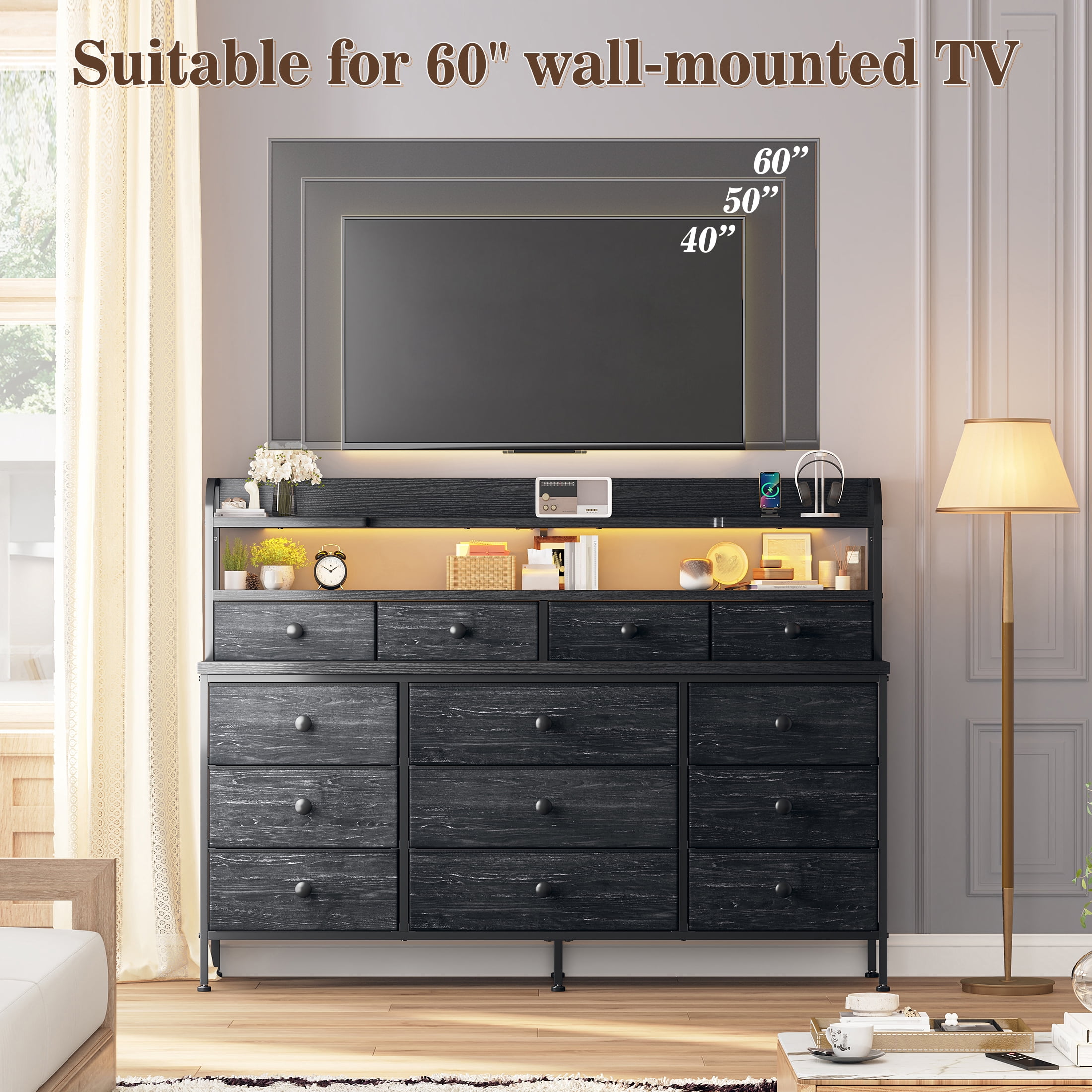 Black Dresser for Bedroom Long Dresser with 13 Fabric Drawers with Shelves for Closet with LED Light