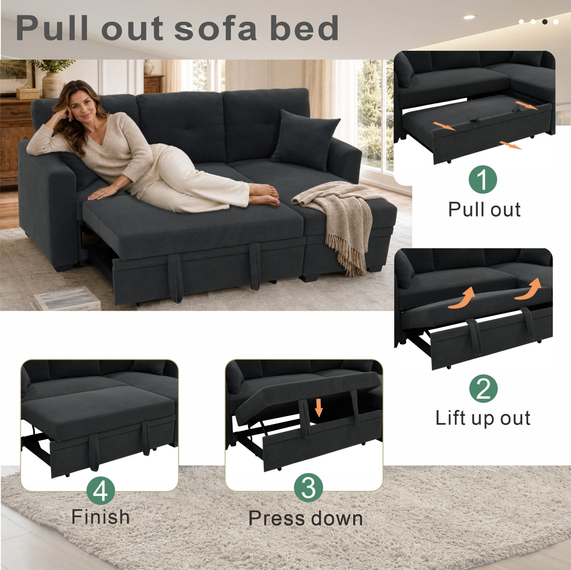 BSHTI 71"Foil Fabric L-Shaped Pull-Out Sleeper Sofa Bed with Reversible Chaise, Hidden Storage for Living Room（Dark Gray）