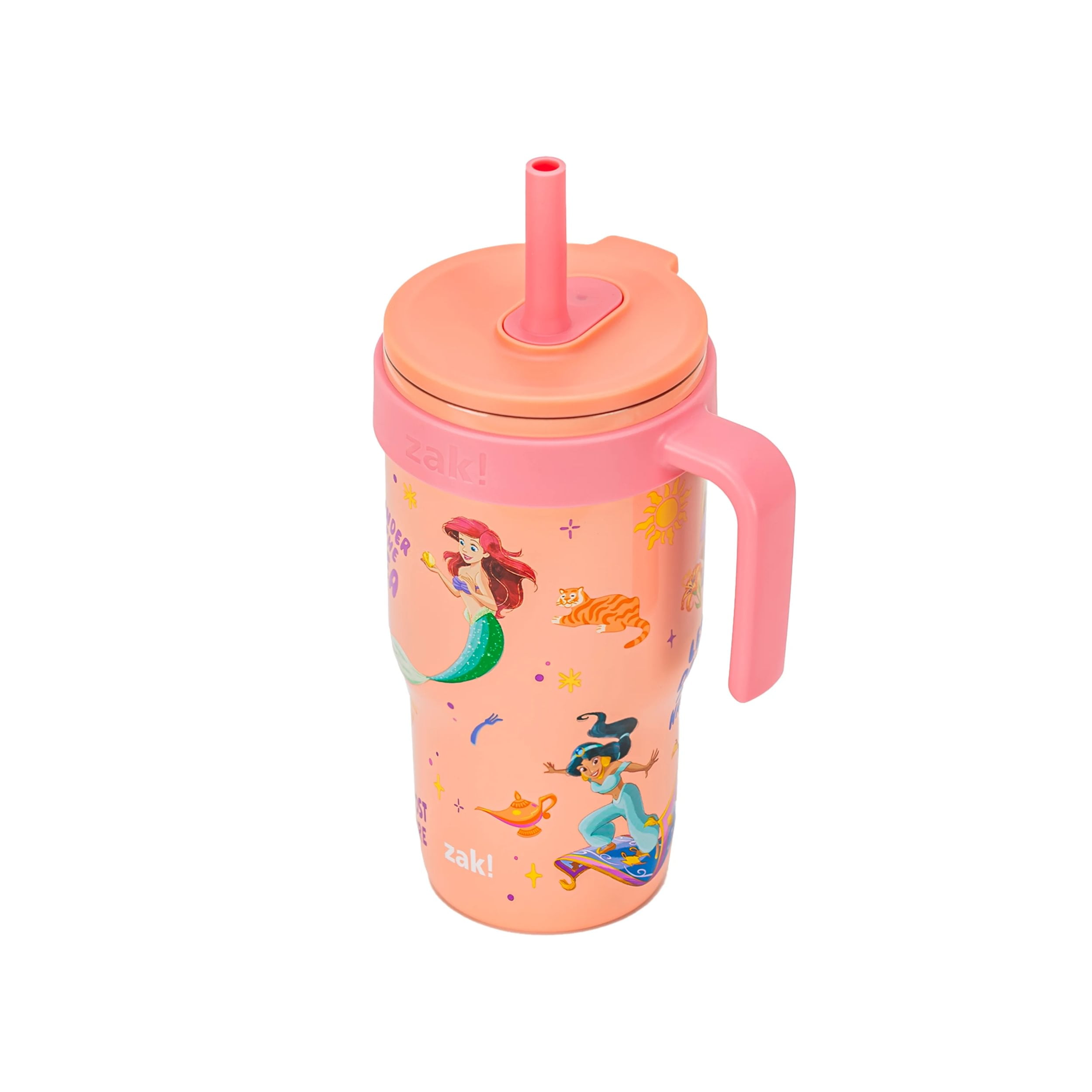 (3 pack) Zak Designs 18oz Princess Kids Straw Handle Tumbler, Stainless Steel Vacuum Insulated Cruiser Tumbler with Silicone Straw Utilizing Leak-Proof Valve, Travel Straw Tumbler with Handle