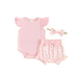 thumbnail image 2 of Musuos Baby Girls 3Pcs Summer Outfit 3 6 9 12 18Months Fly Sleeve Crew Neck Romper + Bow Front Shorts + Headband Set Cute Clothes, 2 of 10