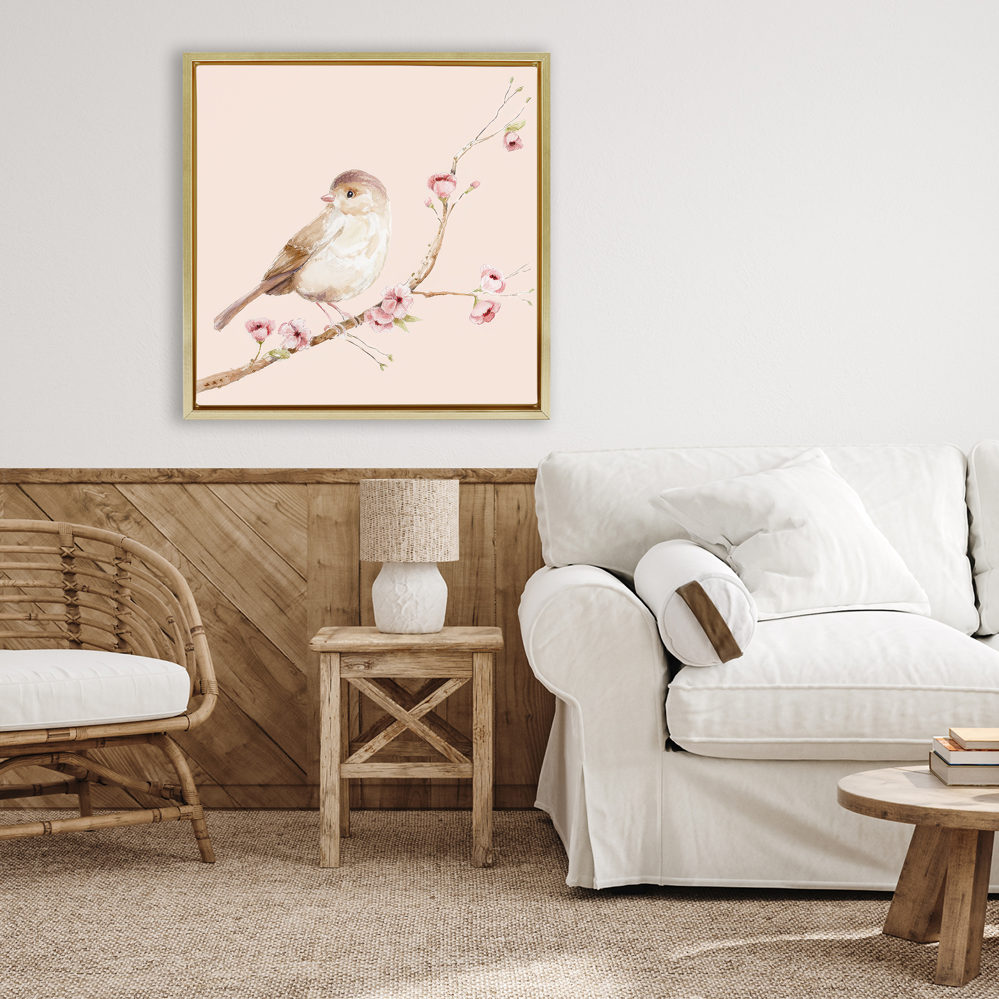 Sweet Brown Bird Perched Gold Framed Floater Canvas Wall Art, design by Lisa Wehmeyer