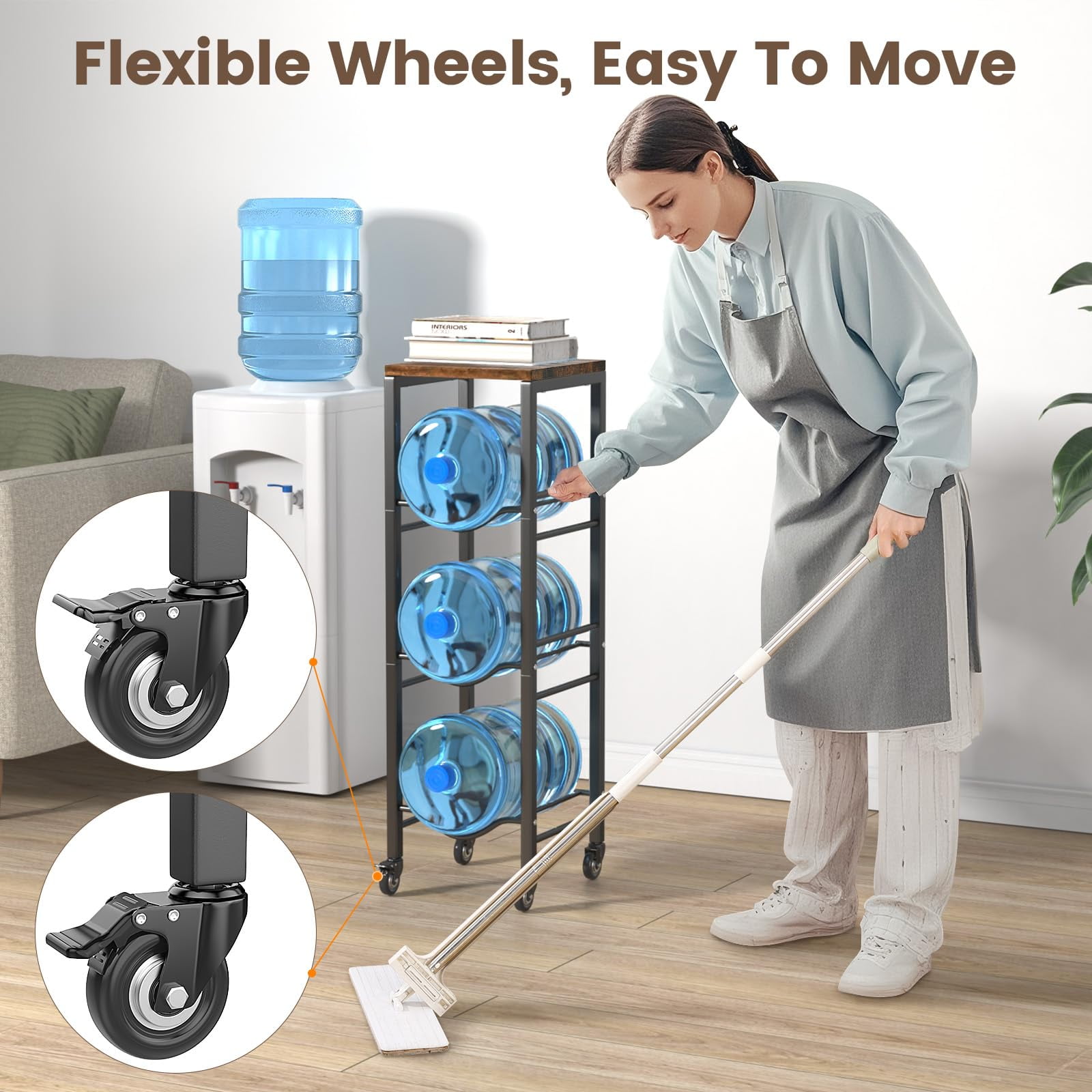 Housolution 3-Tier 5 Gallon Water Jug Holder with Storage Shelve, 5 Gallon Water Jug Rack with Lockable Wheels, 5 Gallon Water Bottle Holder, Water Jug Stand for Kitchen Office Living Room, Brown