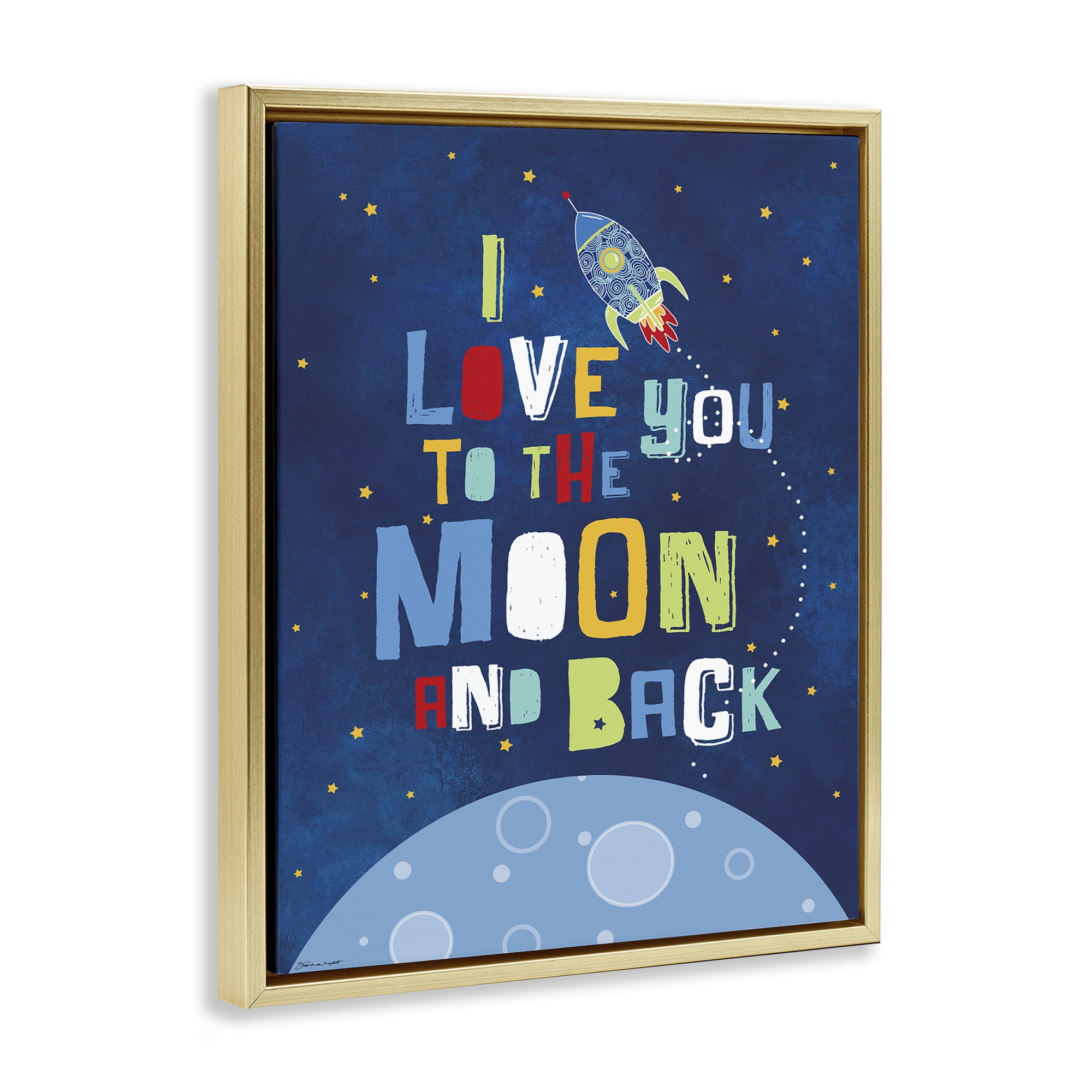Stupell Industries Moon & Back with Rocket Ship Art for Kids Painting Gold Floater Framed Canvas Art Print Wall Art, 25 x 31
