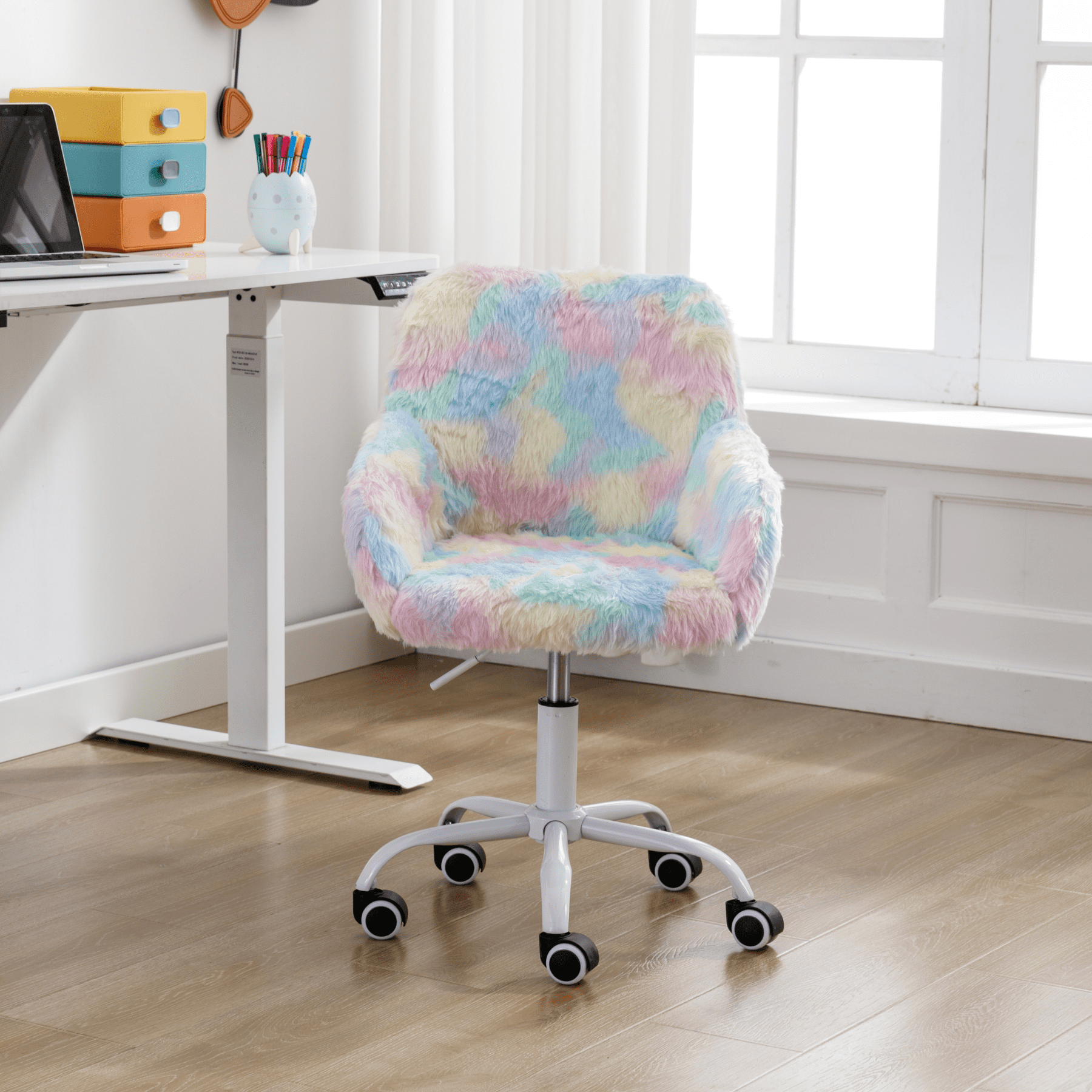 Dayalane Kids Desk Chair, Adjustable Swivel Faux Fur Study Chair with Armrests, Comfy Upholstered Computer Chair for Boys and Girls, Cute Computer Chair for Children, Rainbow-Blue