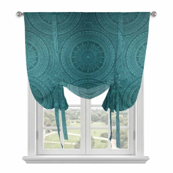 Ethnic Style Tie Up Curtains, Abstract Floral Turquoise Gradual Adjustable Rod Pocket Balloon Curtains Light Blocking Window Treatment for Kitchen Living Room Bedroom, 34 × 45 In