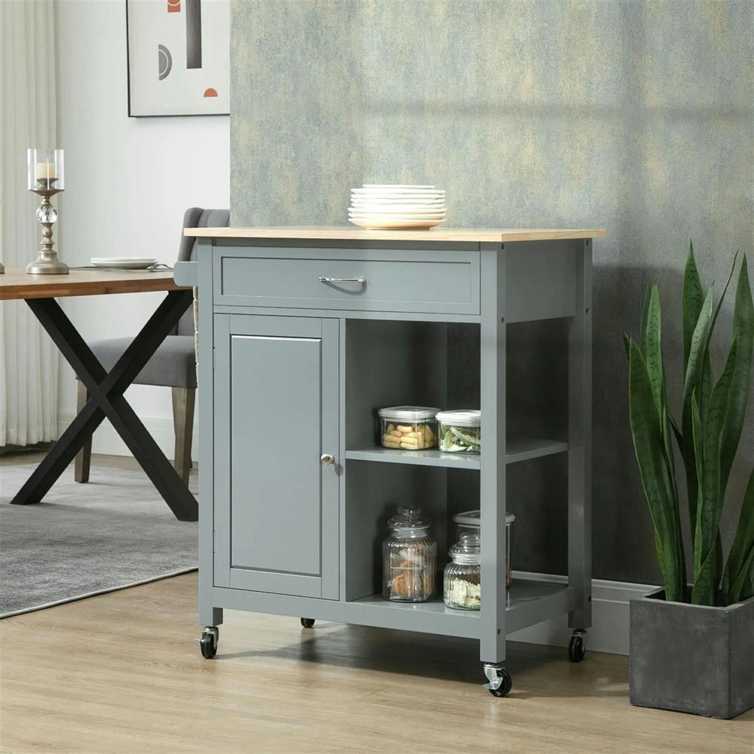 Demi Bonn 34" Kitchen Island Cart on Wheels with Storage Shelf, Rolling Dining Room Serving Utility Carts Mobile Movable with Wood Top and Drawer, Gray