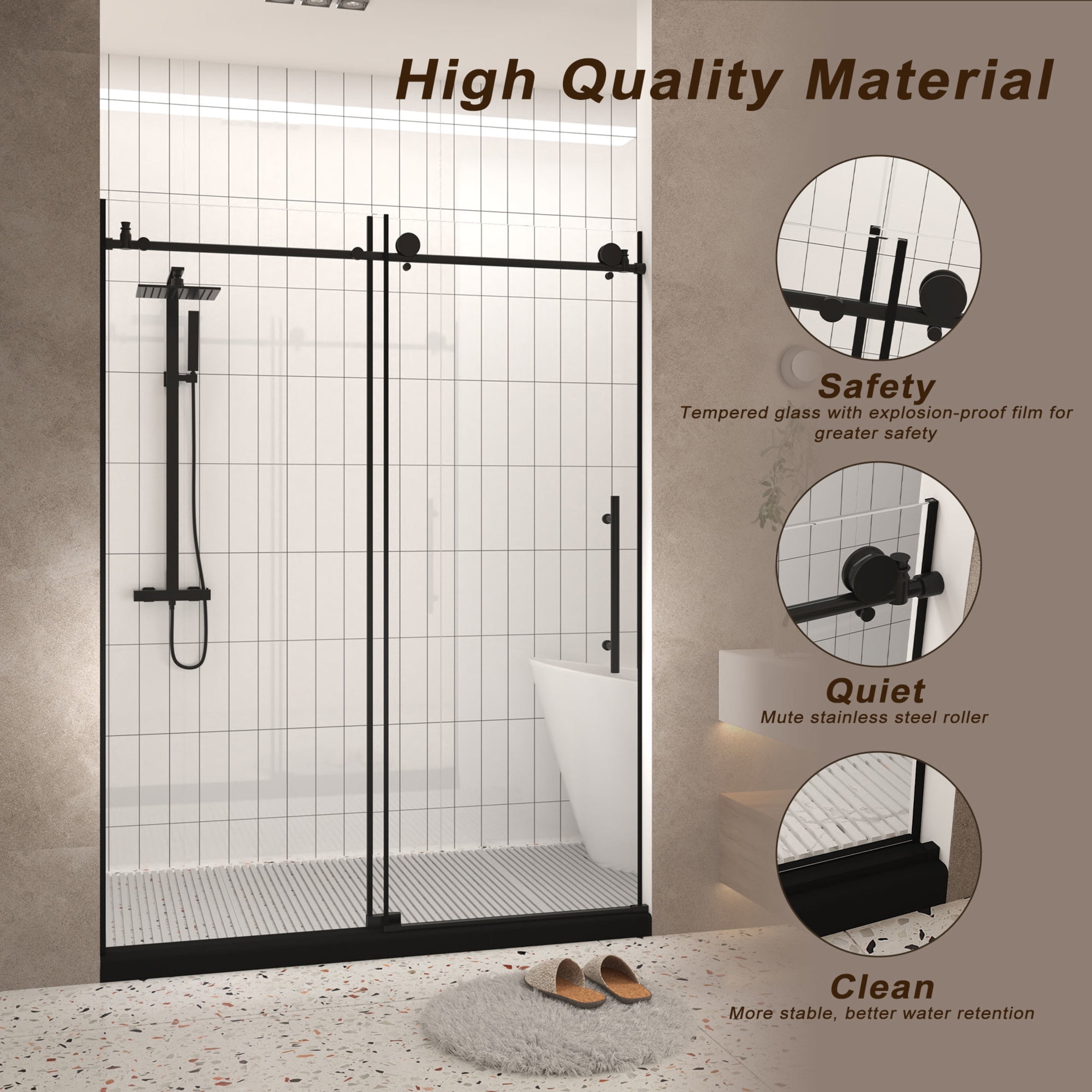 Noble House 60"x76" Frameless Sliding Shower Door, Tempered Glass with Stainless Steel Handle, Matte Black
