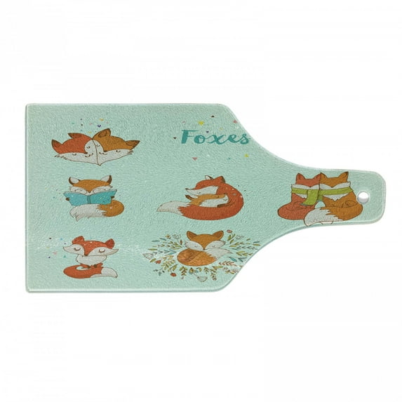 Fox Cutting Board, Fox Characters Sleeping Reading Romantic Couple Nature Comic Arrangement, Decorative Tempered Glass Cutting and Serving Board, Wine Bottle Shape, Multicolor, by Ambesonne