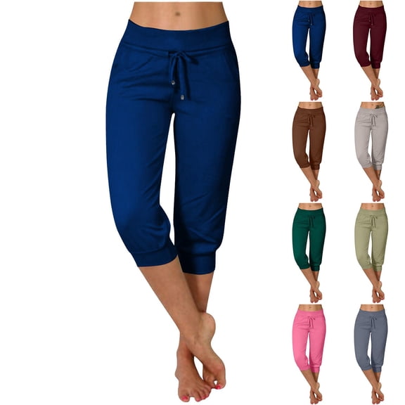 Kmdttou Sweat Women Capri Cargo Pants with Pockets Casual Tight High Waisted Drawstring Button Pocket Cropped Pants