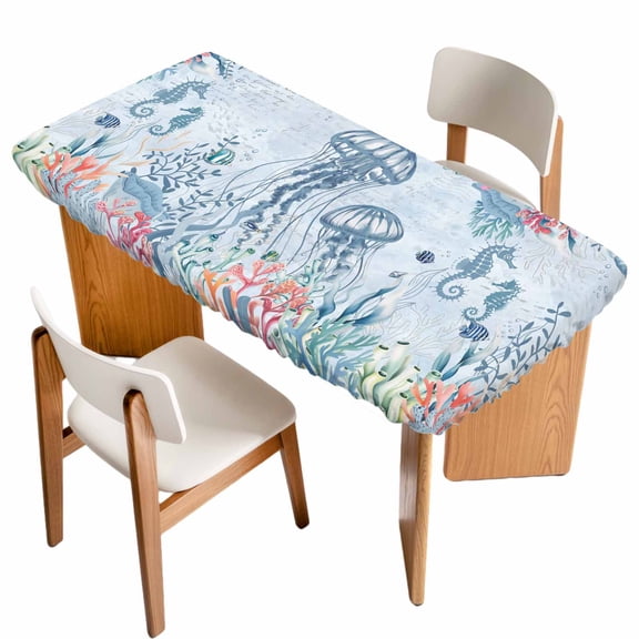 Blue Jellyfish Coastal Table Cloths for 5 Foot Rectangle Tables, Beach Nautical Ocean Coral Seahorse Patio Waterproof Elastic Fitted Tablecloths, Washable Rectangular Table Cover for Camping