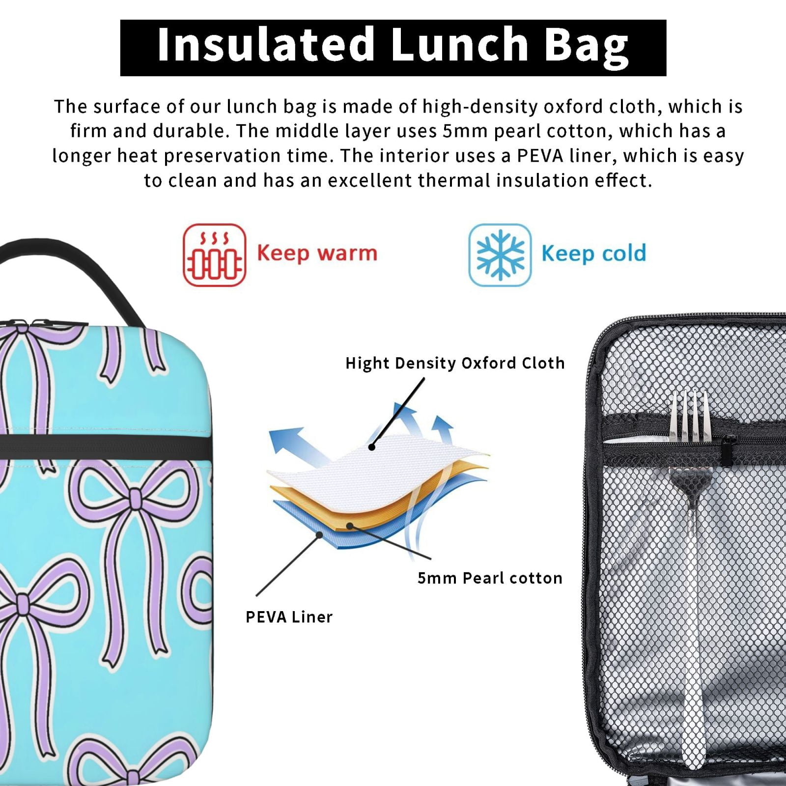 Lunch Bag For Women Men Insulated Portable Lunch Box Bento Box Office Picnic Travel Cooler Bag Purple Bow On Blue Background