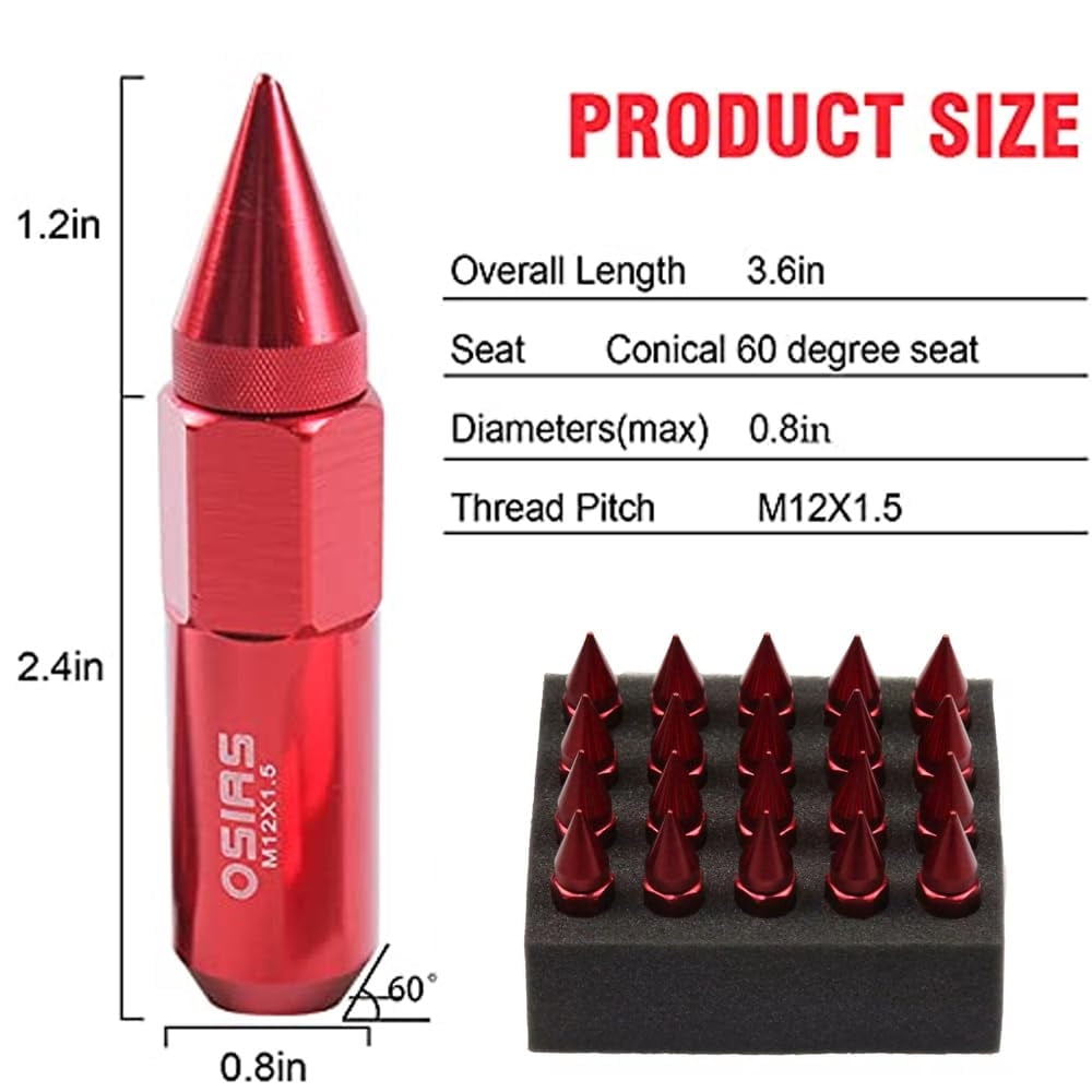 OSIAS 20PCS M12X1.5 Racing Wheel 60MM Lug Nuts With Socket Key For Honda Red