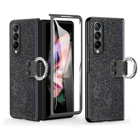 Compatible Glitter Case For Samsung Galaxy Z Fold 4 5G Case with Screen Protector & Ring,Luxury Bling Rhinestone Crystal Case Cover