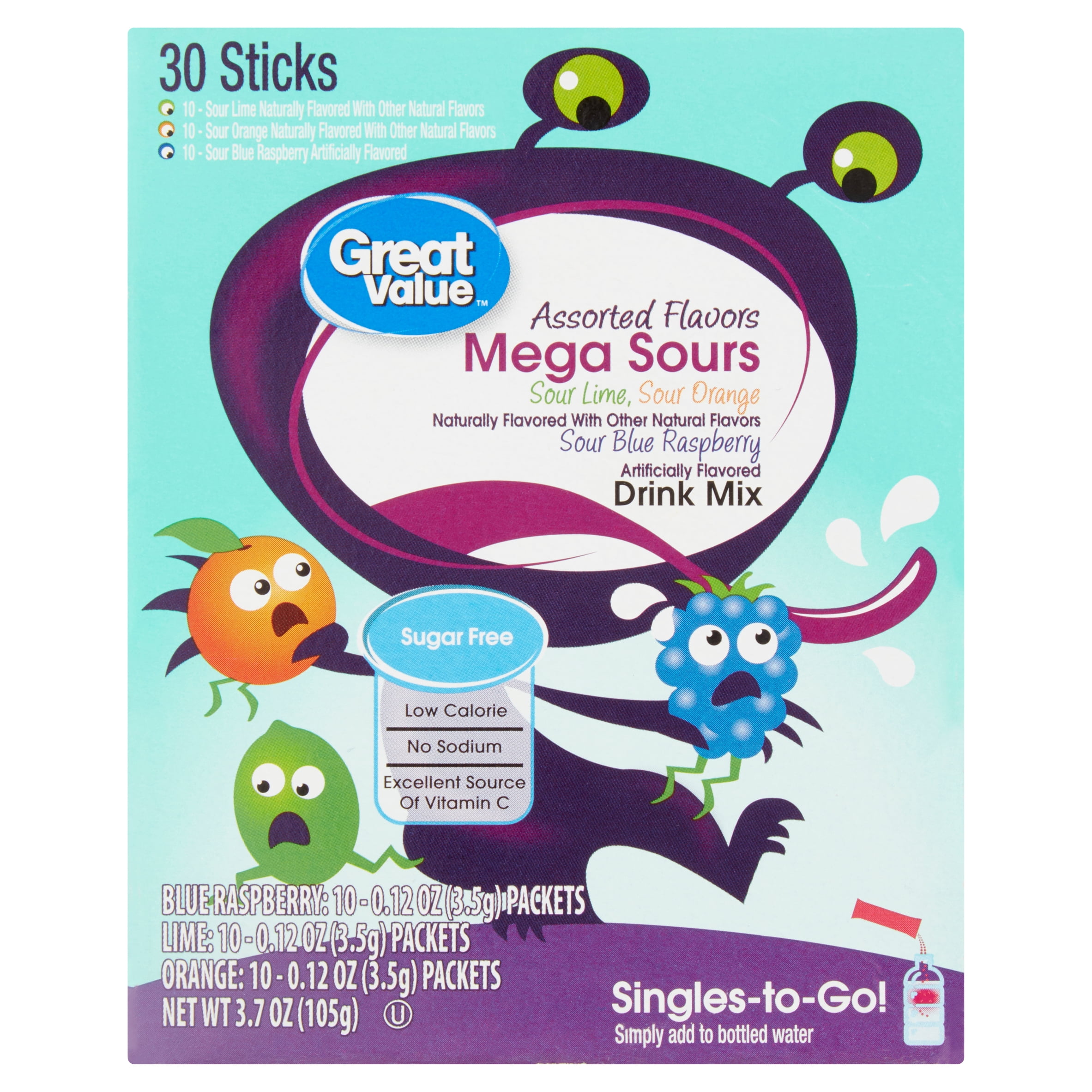 Great Value Assorted Flavors Mega Sours Drink Mix, 0.12 oz, 30 Count