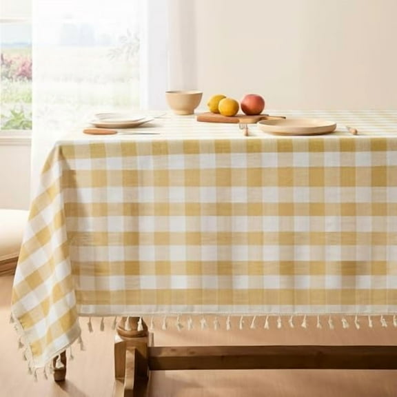 Checkered Tablecloth Rectangle, Outdoor Linen Cotton Gingham Table Cloth with Tassel, Heavy Duty Wrinkle Free Buffalo Plaid Table Cover for Kitchen Dining Home Party - 55 x 120 Inch, Yellow