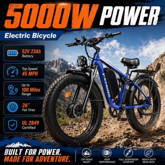 FENGQS Q8PLUS Electric Bike 5000W Dual Motor for Adults,26"x4" Fat Tire E Bicycle,52V/23AH Battery, 45MPH Electric Bicycle,80-100 Miles E Mountain Bike -(Blue) UL2849