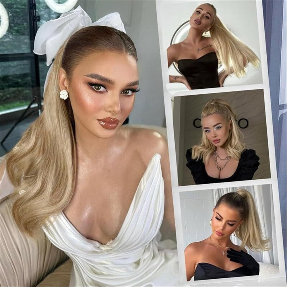 Remy Human Hair Extensions 16-26 Inches Long Straight Drawstring Ponytail Hairpiece P8/613 Highlights Bleach Blonde