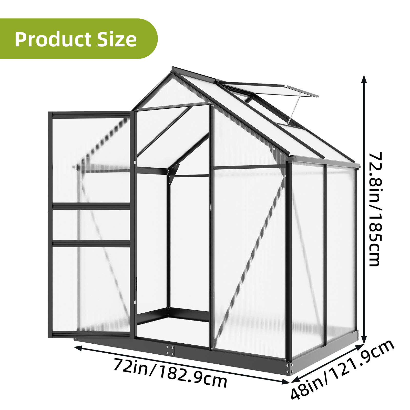 Fairy Outdoor Greenhouse 6x4 FT, Polycarbonate Walk-in Green House with Aluminum Frame & Roof Vent for Backyard Plants