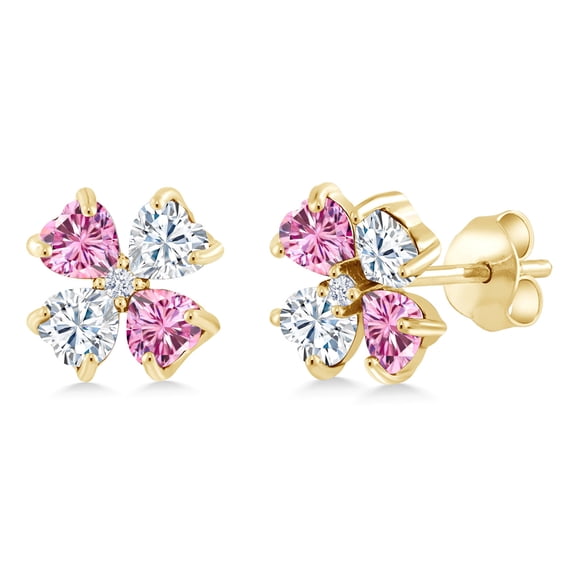 Gem Stone King 18K Yellow Gold Plated Silver Pink Moissanite and White Moissanite Earrings for Women | 1.95 Cttw | Gemstone | Heart Shape 4MM