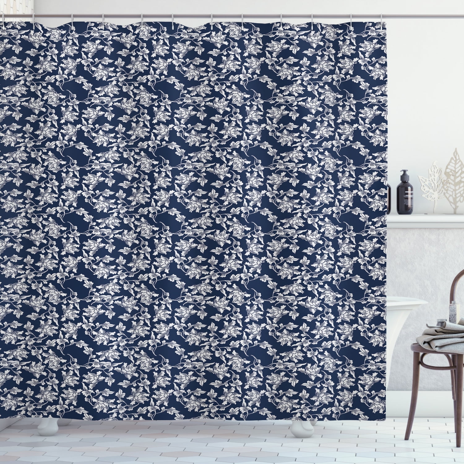 Ambesonne Navy Blue Shower Curtain, Floral Botanic Design, 69"Wx70"L