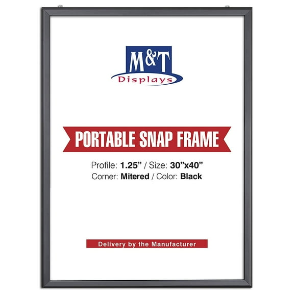 M&T Displays Portable Snap Frame, Poster Size, 1.25" with White Backing and Anti-Glare Pet Cover (30x40, Black)