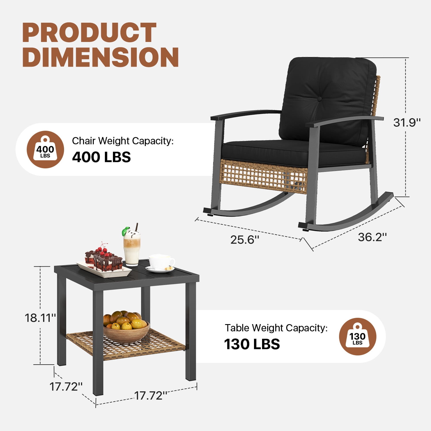 BaPiPro 3-Piece Outdoor Rocking Chair Set, All-Weather PE Wicker Patio Furniture with Water-Resistant Cushions, Rust-Proof Steel Frame, 2-Tier Coffee Table, for Porch Backyard, Black