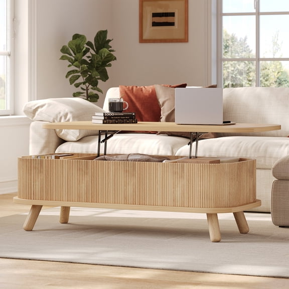 Mid-Century Modern 47" Oval Fluted Lift-Top Coffee Table, Natural