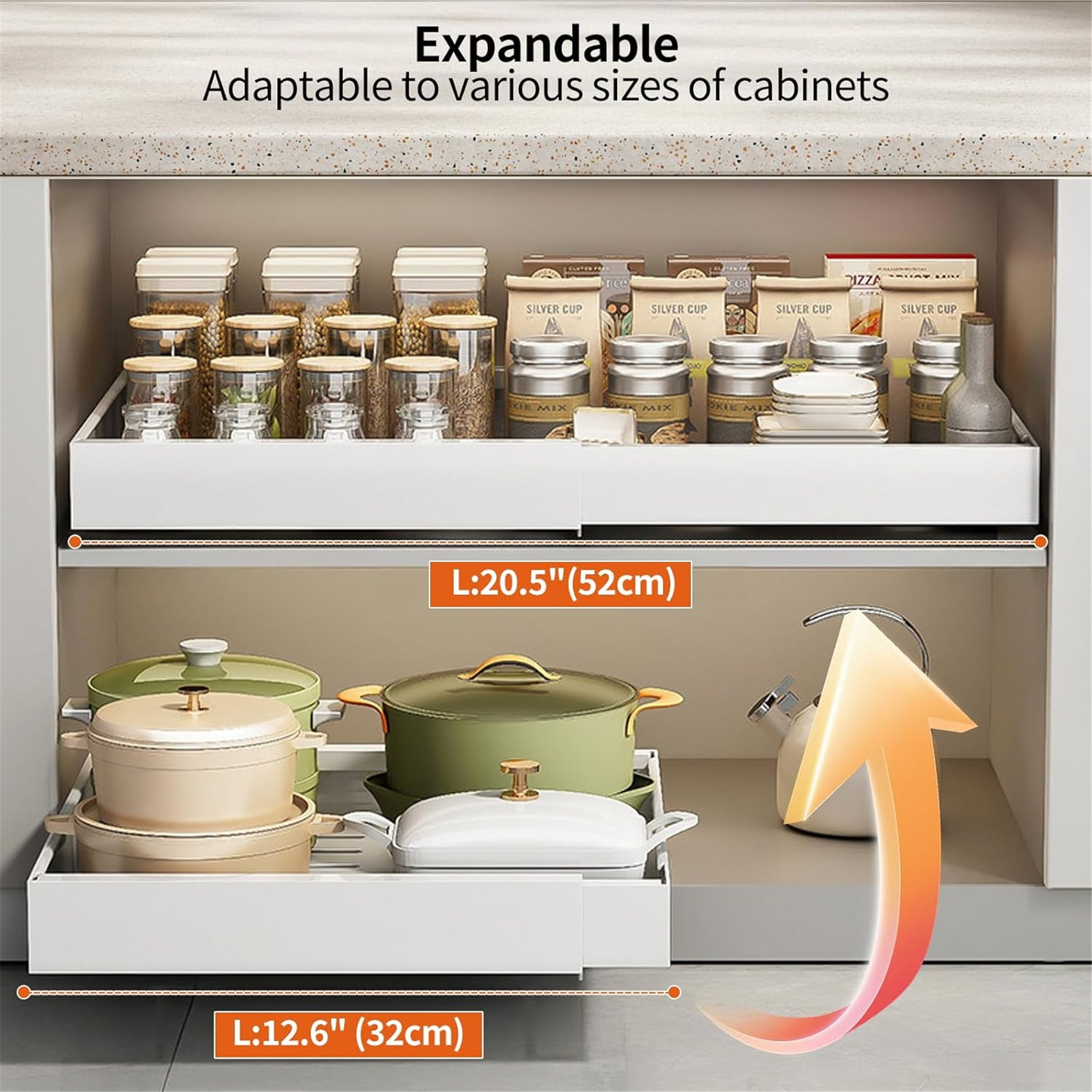 Pull out Cabinet Organizer, Expandable(12.6"-20.5") Pull Out Drawers for Cabinets with Adhesive Nano Film for Pots, Roll out Shelf Storage for Kitchen Base Cabinet Organization,White