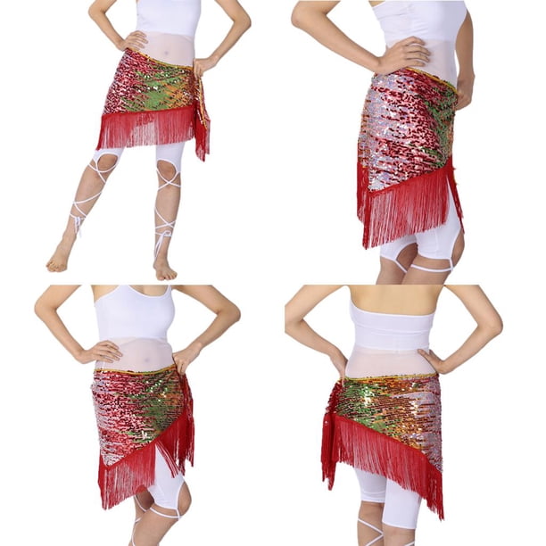 Cinturón de danza de vientre perfecl con lentejuelas y borlas de cadera 132 cm rojo