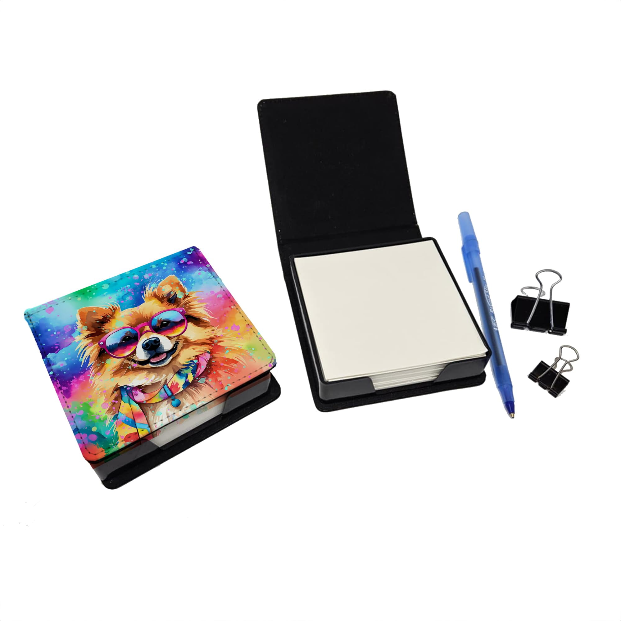 Caroline's Treasures Pomeranian Hippie Dawg PU Leather Note Paper Holder with Artist-Designed Cover, Desk Accessory, Office Gift