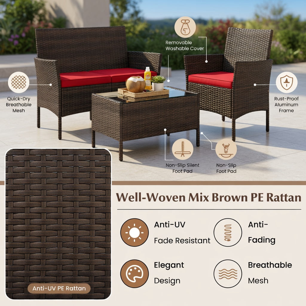 Hommoo 4-Piece Outdoor Rattan Patio Conversation Set with Plush Seat Cushions, Loveseat, 2 Chairs & Tempered Glass Coffee Table, Red