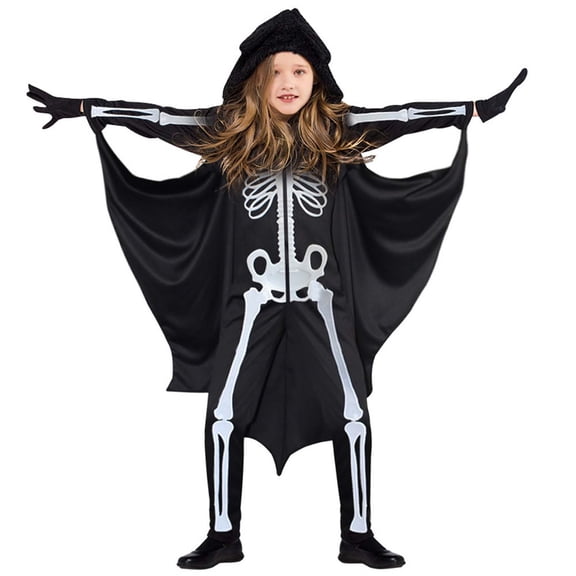 Halloween Bat Costume, Black Bat Wing Jumpsuit with Plush Hood & Gloves, Party Cosplay Outfit for 3-10