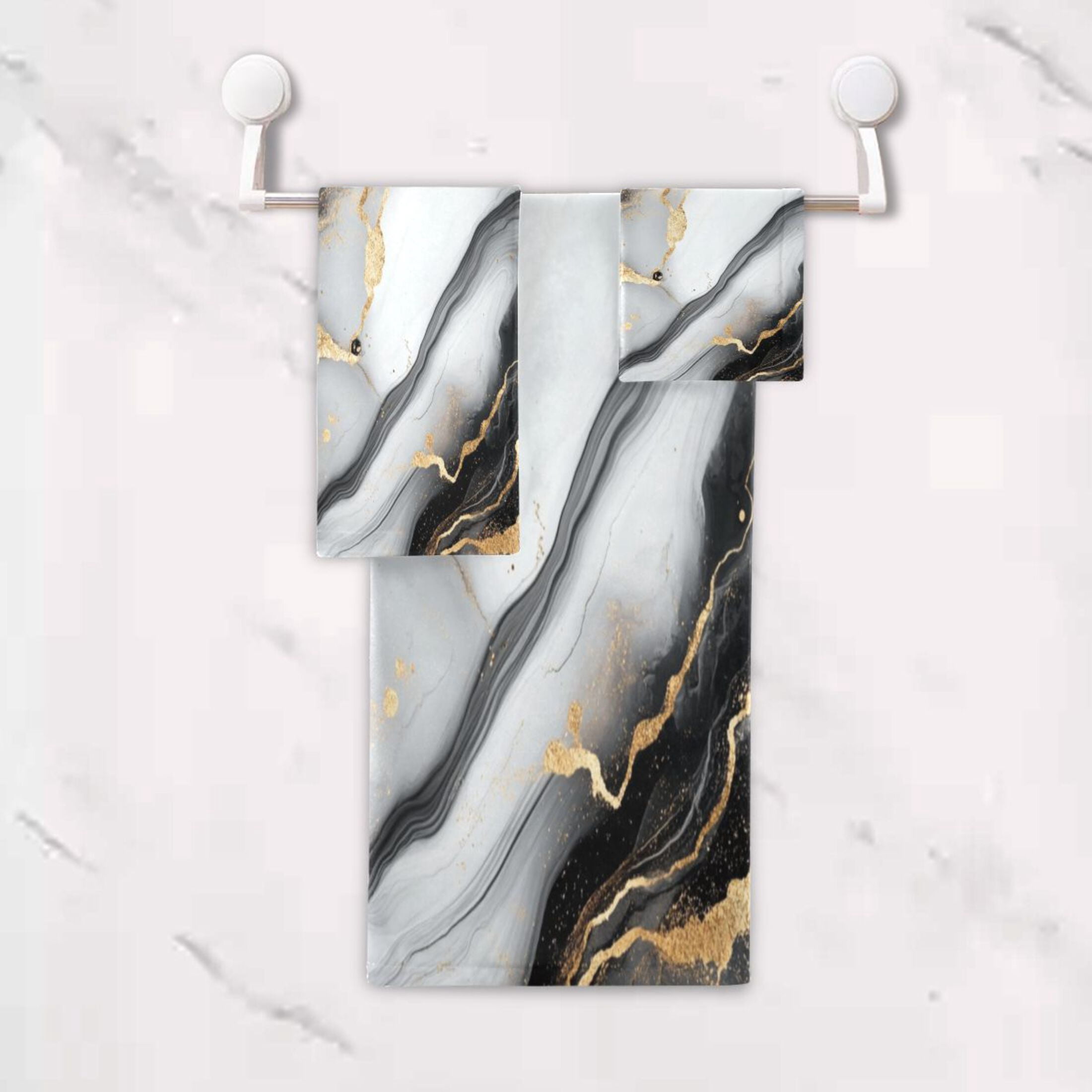 WOBOGO Gilt Black Veined Marble Ultra Soft 3 Pack Cotton Towel Set Includes 60 x 30in Bath Towel 28 x 16in Face Towel and 13 x 13in Small Square Towel for Everyday Use Lightweight and Compact