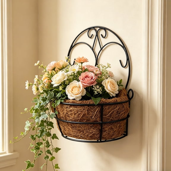 Black Wrought Iron Wall Mount Flower Basket, Coco Liner Hanging Planter, Oval Wall Sconce Pot for Balcony Patio Outdoor Greenery Plants Display