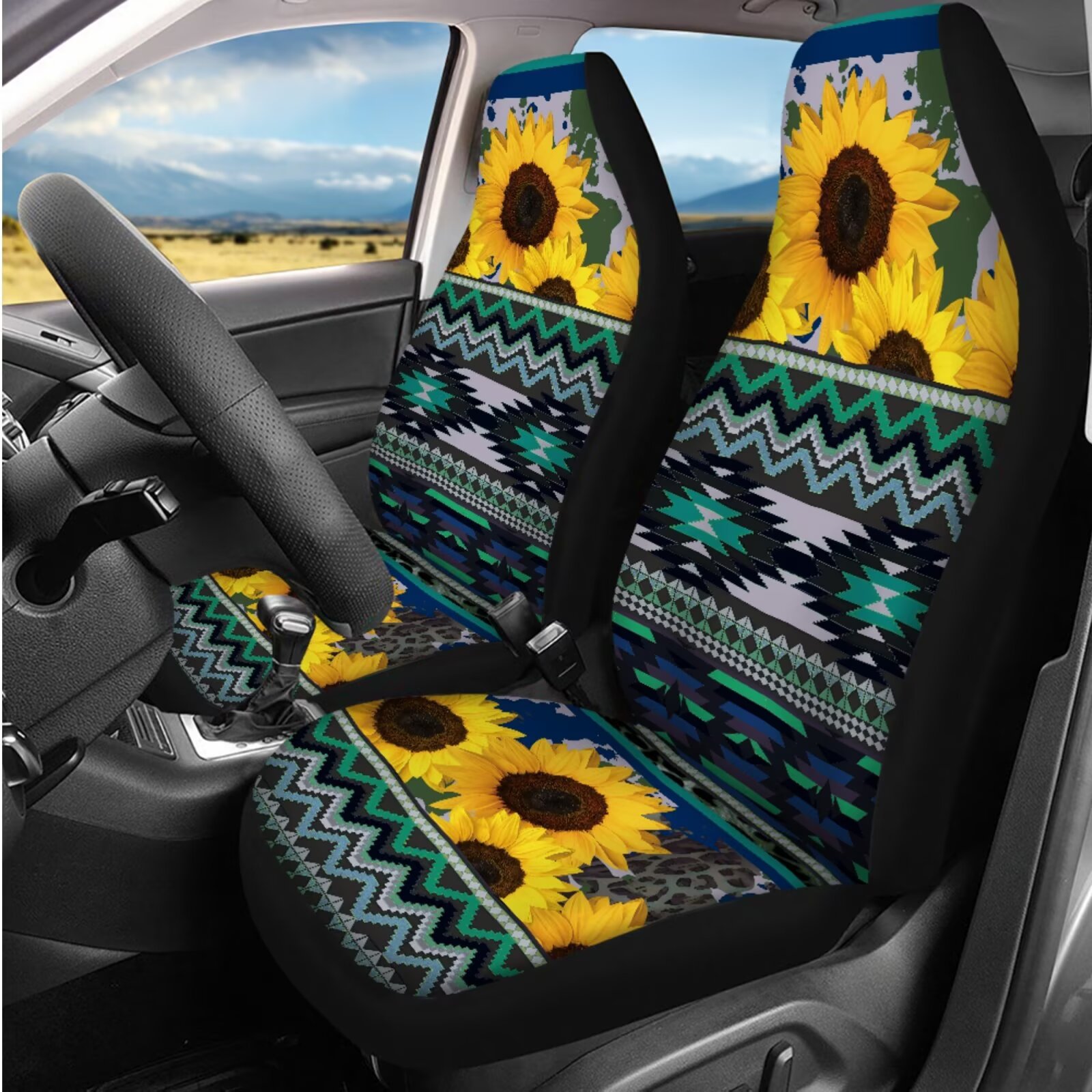 HUIACONG Aztec Sunflower Car Seat Covers Full Set with Steering Wheel Cover Center Console Cover Seat Belt Pads Coasters Headrest Cover Keychain 14 Pcs Universal Car Accessories Interior Green
