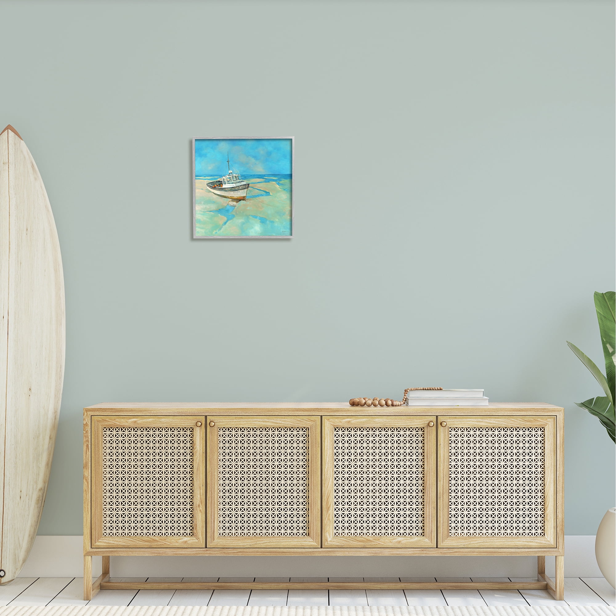 Stupell Docked Boat Low Tide Shore Landscape Painting Gray Framed Art Print Wall Art