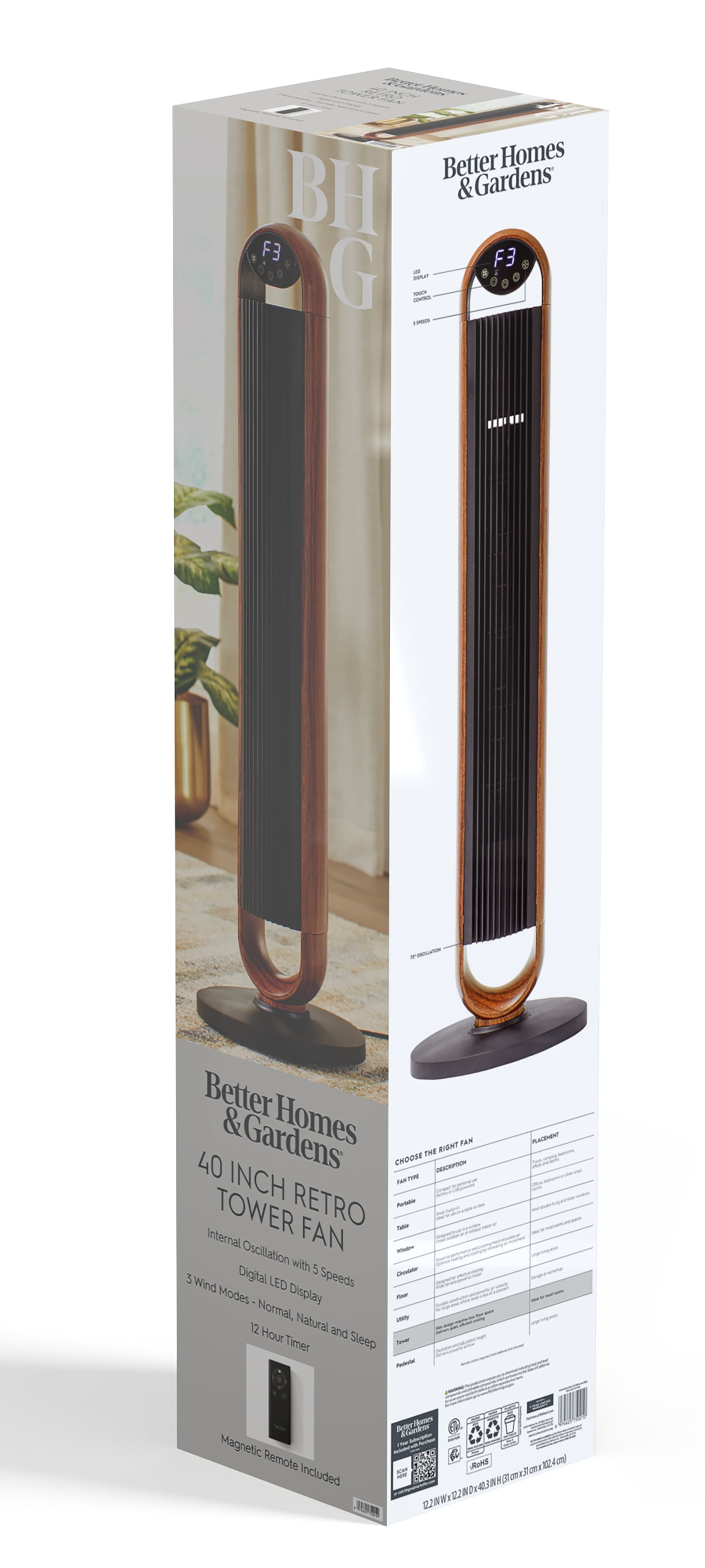 Better Homes & Gardens 40'' 5-Speed Oscillating Tower Fan with Remote Control, 3 Wind Modes, 12H Timer, Walnut & Black
