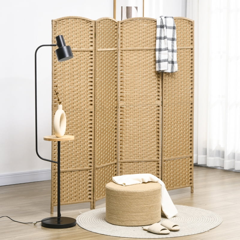 Alvantor 4-Panel Folding Privacy Screen with Hand-Woven PP Panels, Freestanding Room Divider 63"x0.6"x66.9"Nature Wood
